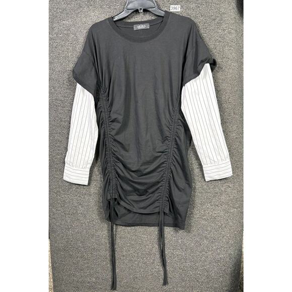 Akira Shirt Womens Medium Pinstripe Ruched Drawstring Layered ISA147 - Picture 1 of 7
